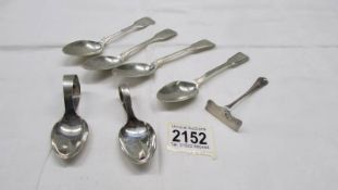 Two silver baby spoons, a silver pusher and 4 silver monogrammed teaspoons, 158 grams.