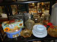 A mixed lot including radio, tins, jars, plates, copper bells etc., COLLECT ONLY.