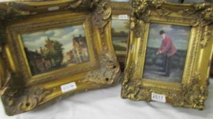 Two gilt framed paintings - a golfer and a street scene.