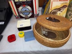 A needlework basket with wood frog stitched in to lid & other vintage boxes