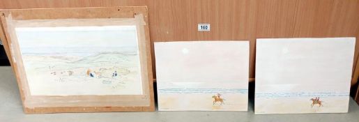3 watercolours on board depicting coastal scenes
