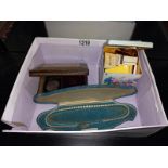 A quantity of old coins including Churchill Crowns in an inlaid box, a box of matchbox packets &
