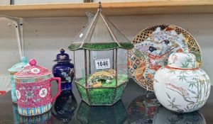 A leaded glass terrarium with Chinese scene inside, plus Chinese pottery, ginger jar etc