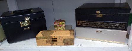 3 large jewellery boxes, 2 others & a wristwatch box