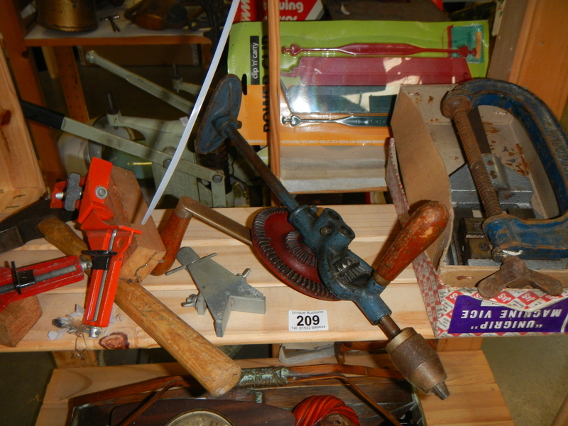 3 clamps, a hand drill, a hammer, a vice etc., COLLECT ONLY.