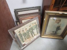 A mixed lot of ramed early photographs, Edwardian nobility characature etc., COLLECT ONLY.