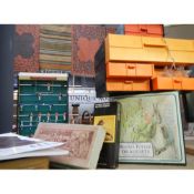 A Beatrix Potter game, a box of stamps and a quantity of plastic drawers, COLLECT ONLY.