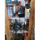 A mixed lot including 12v lantern, car stands, auto light and other tools.