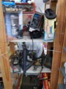 A mixed lot including 12v lantern, car stands, auto light and other tools.