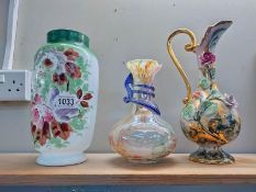 A Victorian overpainted glass vase, lustre glass vase and Belgium pottery jug decorated with