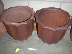 A pair of fired clay pots with fluted sides and pie crust tops, 42 cm diameter x 40 cm deep. COLLECT