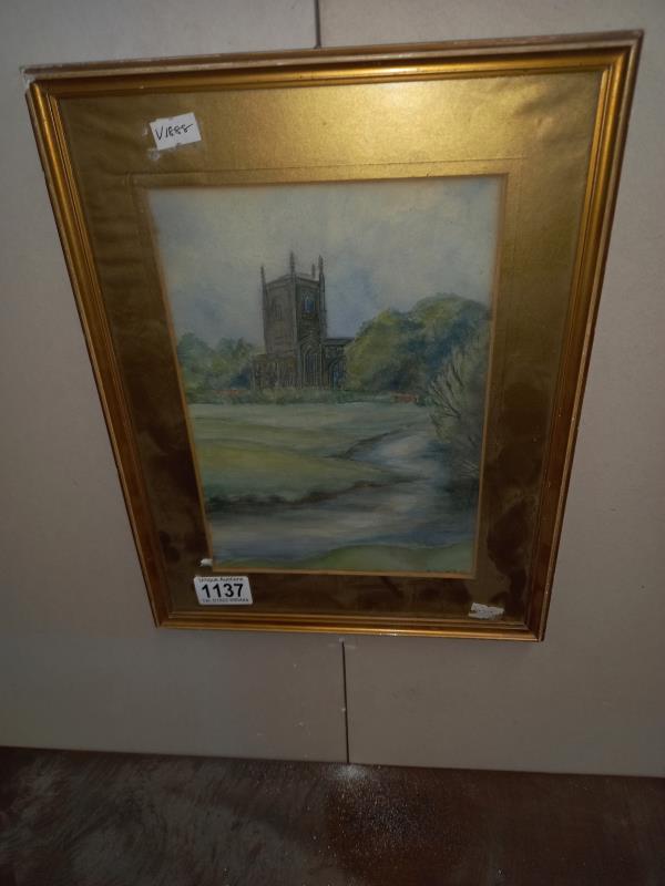 A watercolour of Tattershall church by Nita Lewer 1914. Image 17cm x 24cm, frame 27cm x 55cm COLLECT