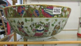 A large Chinese hand painted bowl, 42 cm diameter, (a/f large circular crack to base).