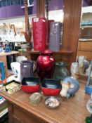 A quantity of decorative vases, a Native American box, African bowl & some oriental place mats in