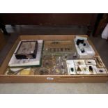 A large tray box of encased insects etc including microscope