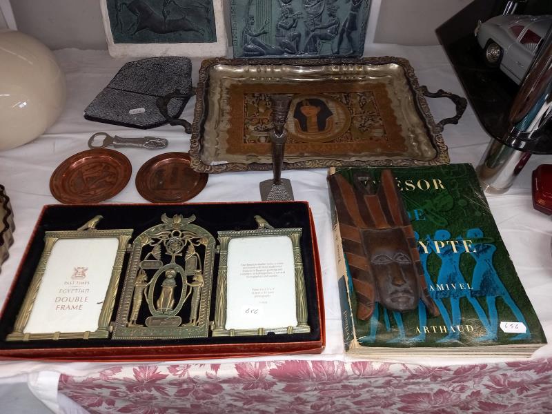 A mixed lot of Egyptian items including tin tray, past times photo frame, plaques, 2 papyrus - Image 4 of 4