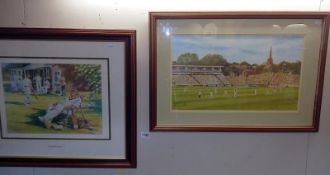 2 cricket related framed & glazed prints - Cometh the hour & Hadlee's last wicket in test cricket.
