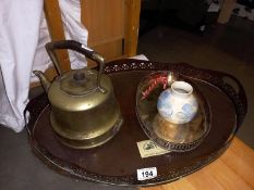 A large copper tray & vintage kettle etc.