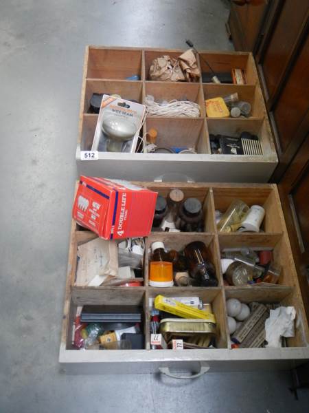 Two boxes of chemist's bottles, light bulbs etc., COLLECT ONLY.