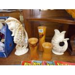 A Fosters pottery Cornwall fish & seahorse vases & set of 3 turned wood candlesticks
