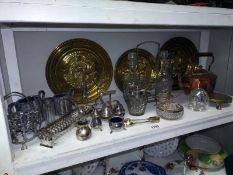 A mixed lot including copper kettle, brass plaques & silver plate etc.