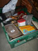 A box of screws, nails etc., in tins and a wood saw. COLLECT ONLY.