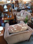 A superb quality brown floral three piece suite in good condition, COLLECT ONLY.