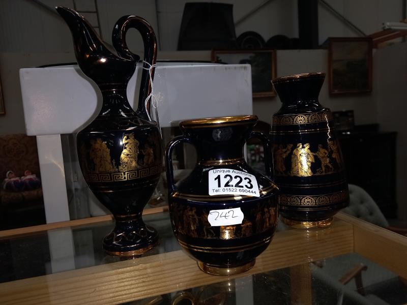 3 Greek gold decorated vases