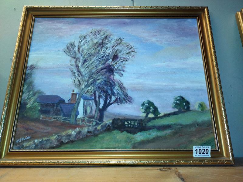 A pair of gilt framed oil on board countryside scenes, signed J Smith 51cm x 41cm - Image 2 of 3