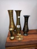 4 brass vases & a chamber candlestick