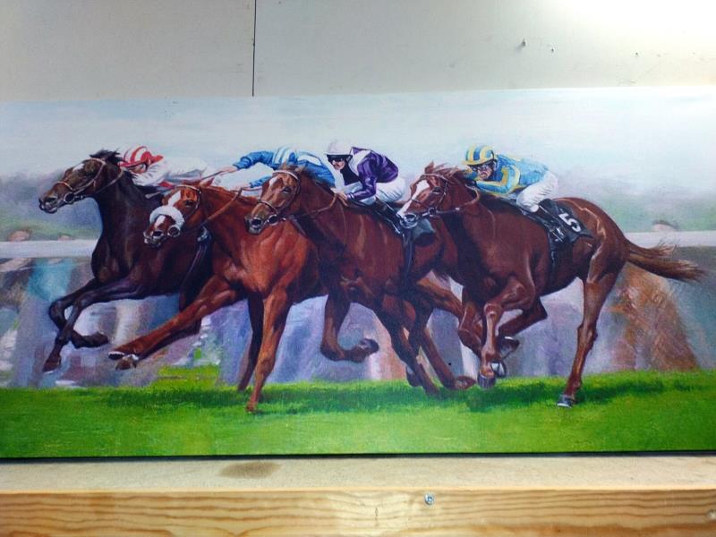 A large print on canvas of racehorses by Roger Heaton 51cm x 122cm - Image 2 of 3