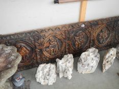 A wooden panel heavily carved with erotic scenes, 184 x 45.5 cm, COLLECT ONLY.