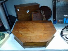 A large empty wooden cutlery box plus 1 other box and a bowl and vintage crumb tray with brush