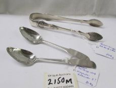 Two Georgian silver spoons, Edinburgh 1808, Alexander Edmonston II 21.7 grams and silver sugar tongs