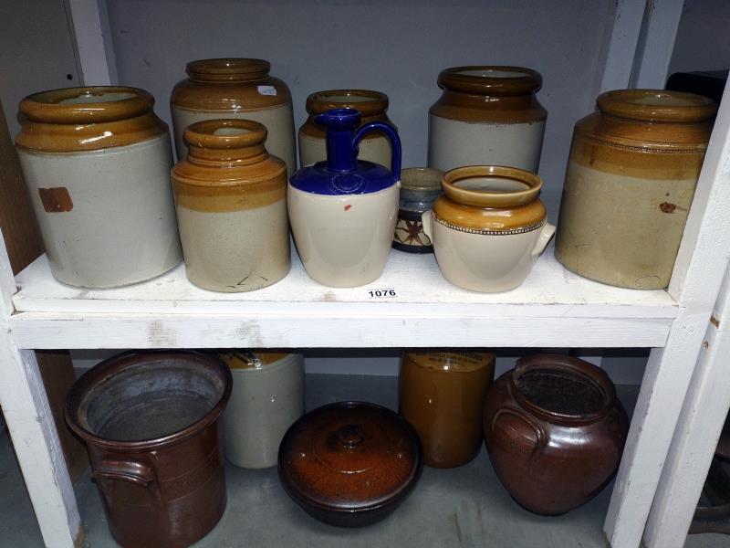 2 shelves of stoneware pots & jars