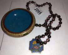 A vintage 56 bead Cloissonne necklace, 65cm, a doule sided gilded pendant 4 x 4 cm and a small bowl,