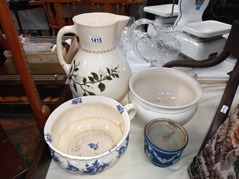 A selection of bedroom porcelain including jug, 2 chamber pots 7 a vase