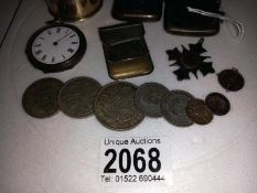 A mixed lot of silver including vesta cases, napkin ring, fob watch, paperclip, coins etc.,