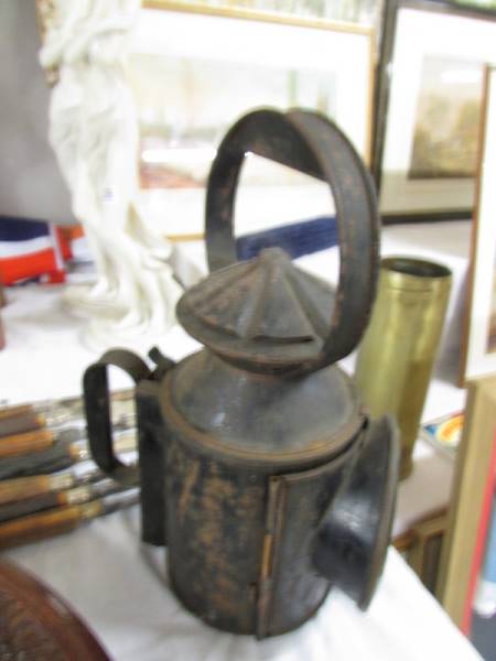 An old railway lamp with red and blue glass but clear glass missing. - Image 2 of 2