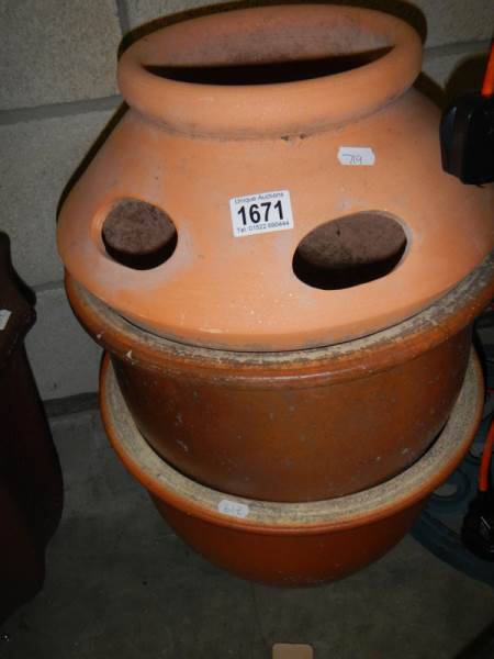 A strawberry planter pot, 35cm diameter x 26cm deep and 2 bulb pots, 36cm diameter and 25cm deep,