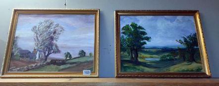 A pair of gilt framed oil on board countryside scenes, signed J Smith 51cm x 41cm