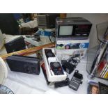 A pair of Artlight walkie talkies, vintage Saisho tv, digital alarm clock etc