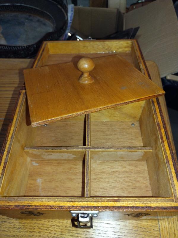 A wooden work box with poker work detail & 4 compartments with lid inside - Image 3 of 4