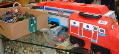A box of Star Wars toys, an 18cm high plastic train and a lorry with trailer, COLLECT ONLY.