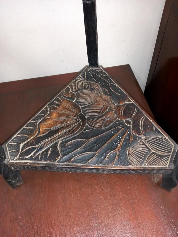 A carved black oak oriental 3 tier stand COLLECT ONLY. - Image 2 of 4