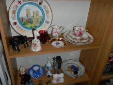 A mixed lot of ornaments, plates, cups, saucers, jug etc., 2 shelves. COLLECT ONLY.