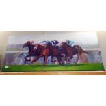 A large print on canvas of racehorses by Roger Heaton 51cm x 122cm