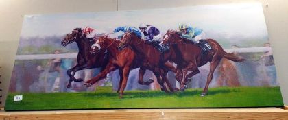 A large print on canvas of racehorses by Roger Heaton 51cm x 122cm