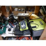 Five electric tools, a pop rivet gun and a tool box. COLLECT ONLY.