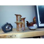 An art pottery bamboo planter, pottery chicken moneybox and slate barometer